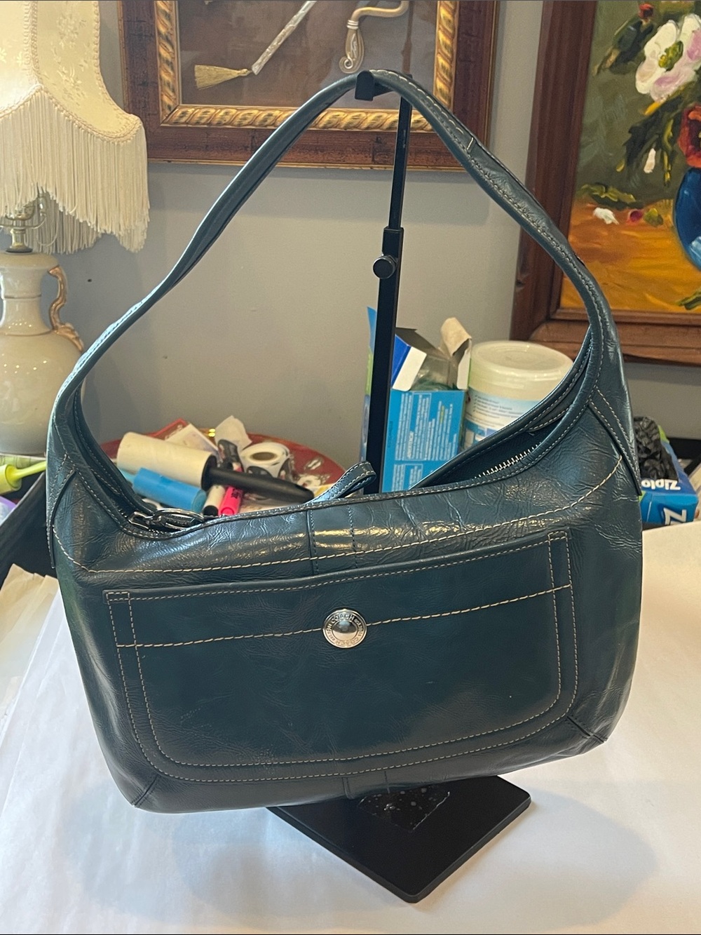Coach Blue Patent Shoulder Bag with Button Accent Contrast Stitching